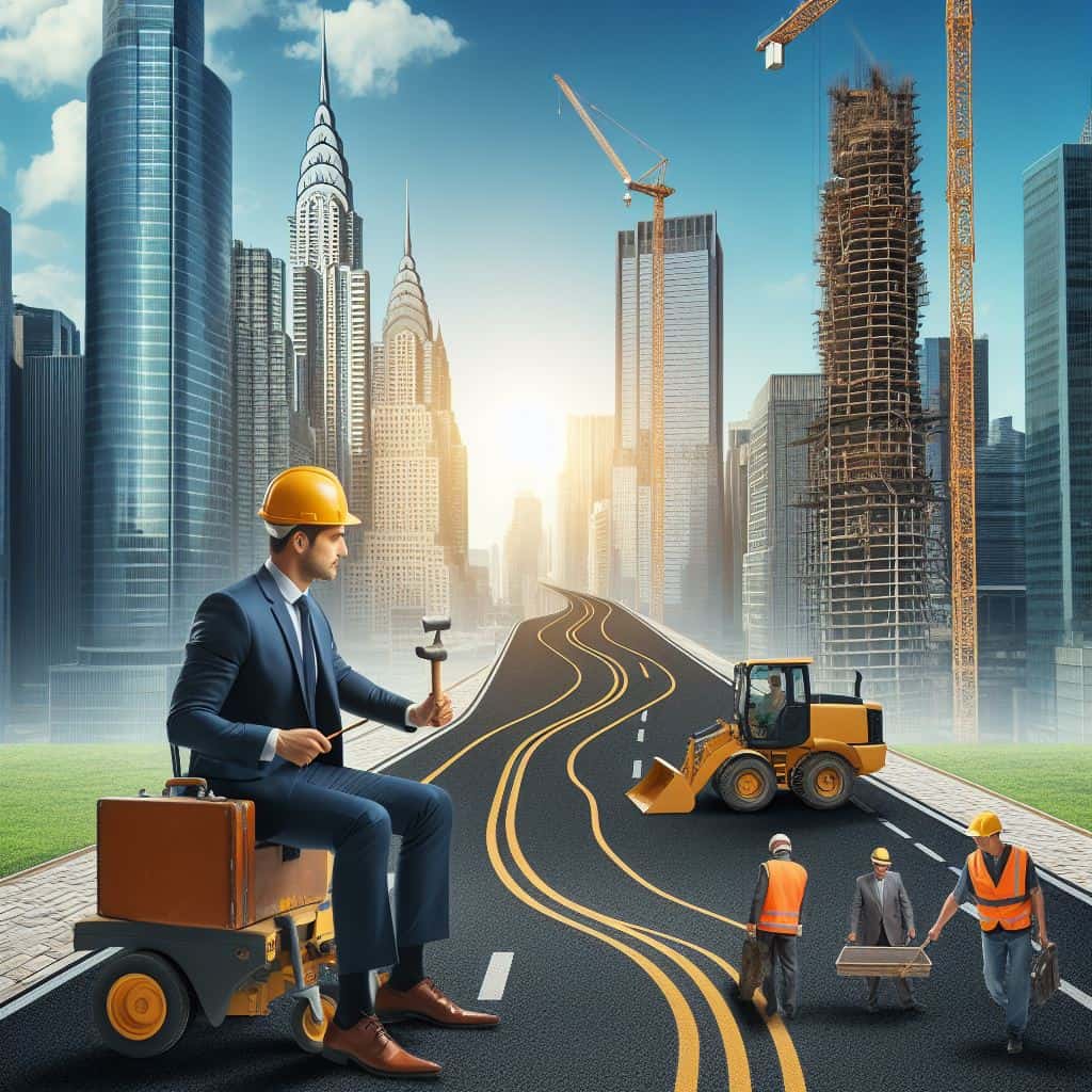 Road Construction scene. Man in suit wearing hard hat. Poorly drawn lines on the road tall buildings in the background. Intended for Road construction Bid bonds, performance bonds and warranty bonds