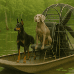 airboat in swamp with a Weimaraner i nthe captains seat ad a doberman standing on the bow created using chatgpt May 15, 2025